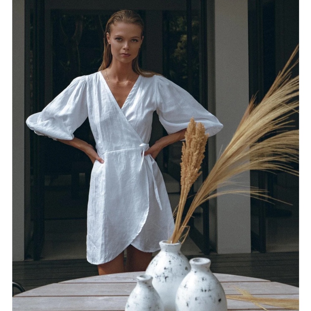 AURA the Label, size XL, never worn new with tags white linen wrap dress.